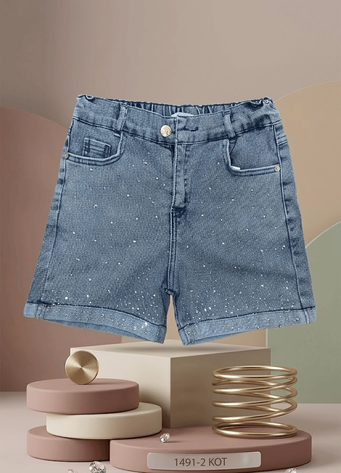 Kız Çocuk Taş İşlemeli Lastikli Denim Kot Şort