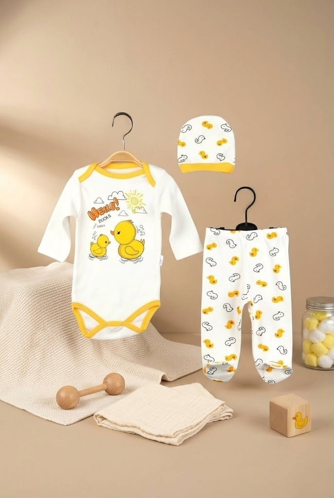 Ördek Baskılı Uzun Kollu Body Patikli Pantolon ve Şapka 3'lü Takım