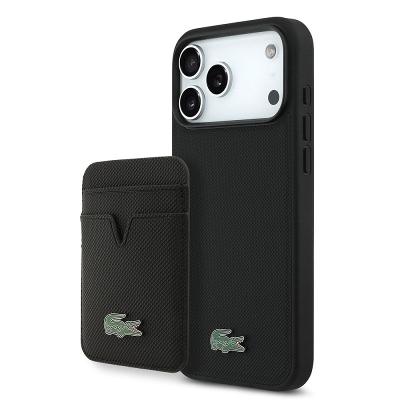 Apple iPhone 17 Pro Max Kılıf Lacoste Orjinal Lisanslı M-safe Şarj Özellikli PU Pike Desenli Metal Logolu Kartlıklı Kapak