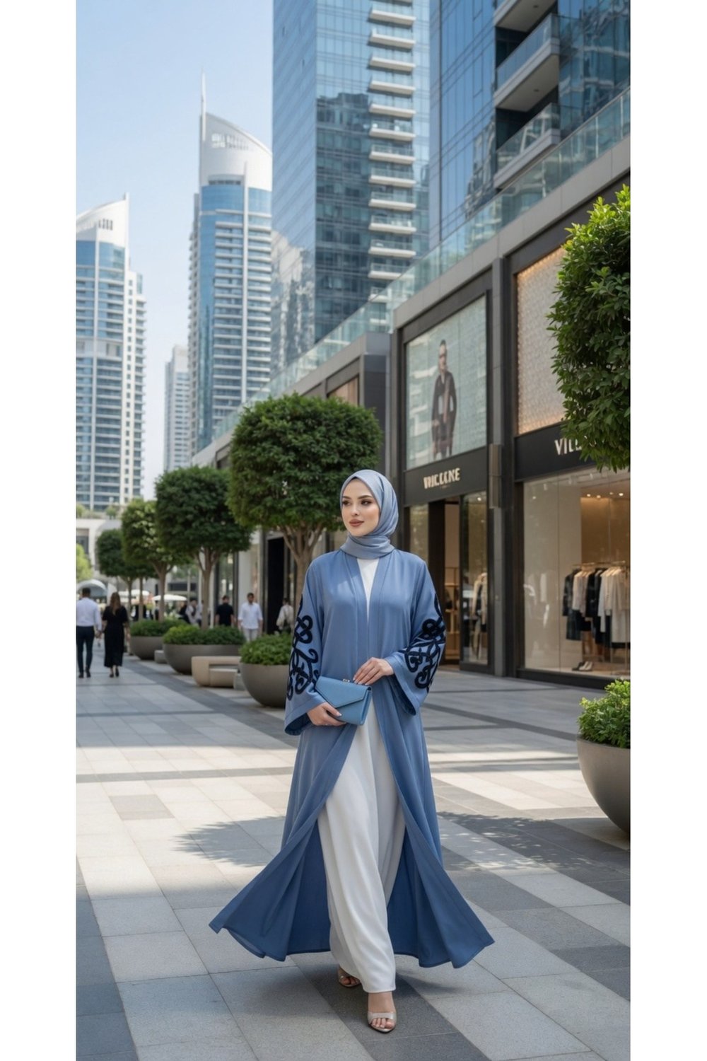 Muslima Gümüş Mavisi Saten Abaya