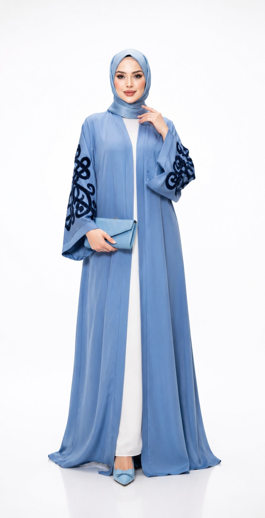 Muslima Gümüş Mavisi Saten Abaya