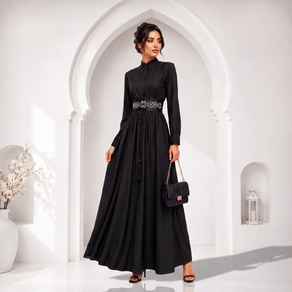 Noir Elegance Premium Siyah Fransız Şifon Tesettür Abiye Elbise