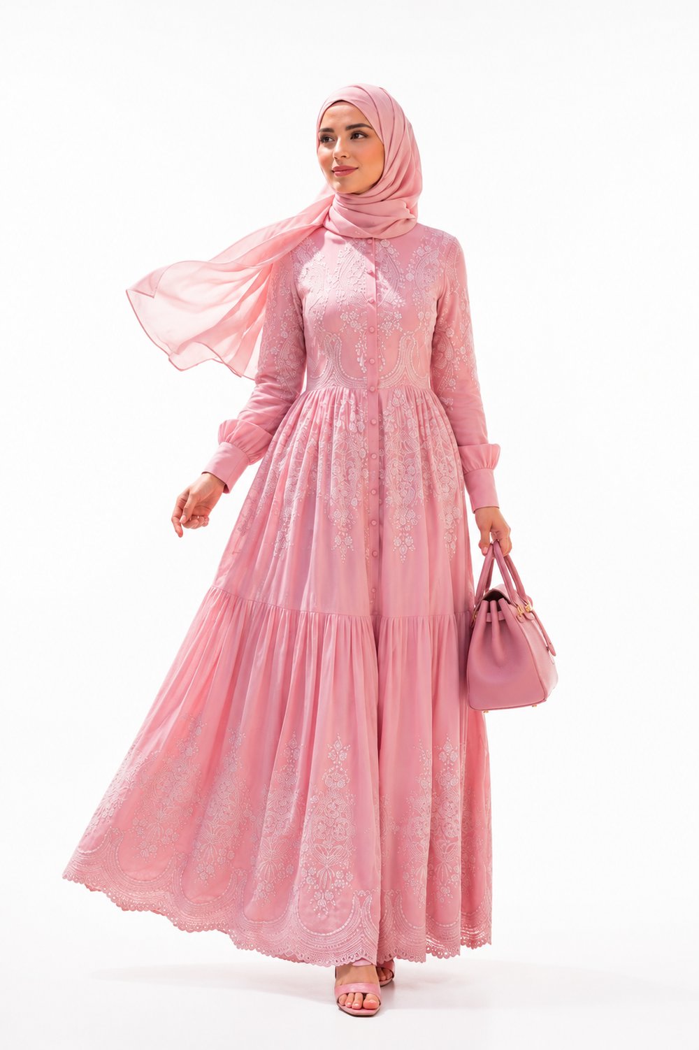 Rose Dream Inci Düğmeli Pembe Gül Desenli Kadın Elbisesi