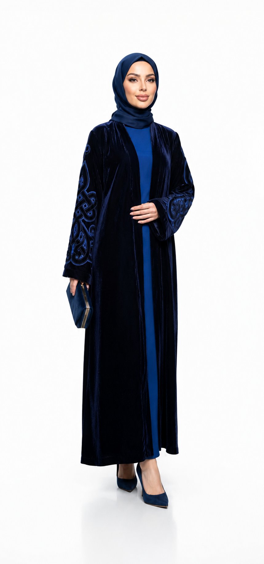Saks Mavisi Japon Kadife Oryantal Desen Kollar Nakış İşlemeli Bilek Şeritli Abaya