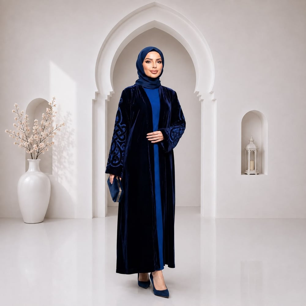 Saks Mavisi Japon Kadife Oryantal Desen Kollar Nakış İşlemeli Bilek Şeritli Abaya