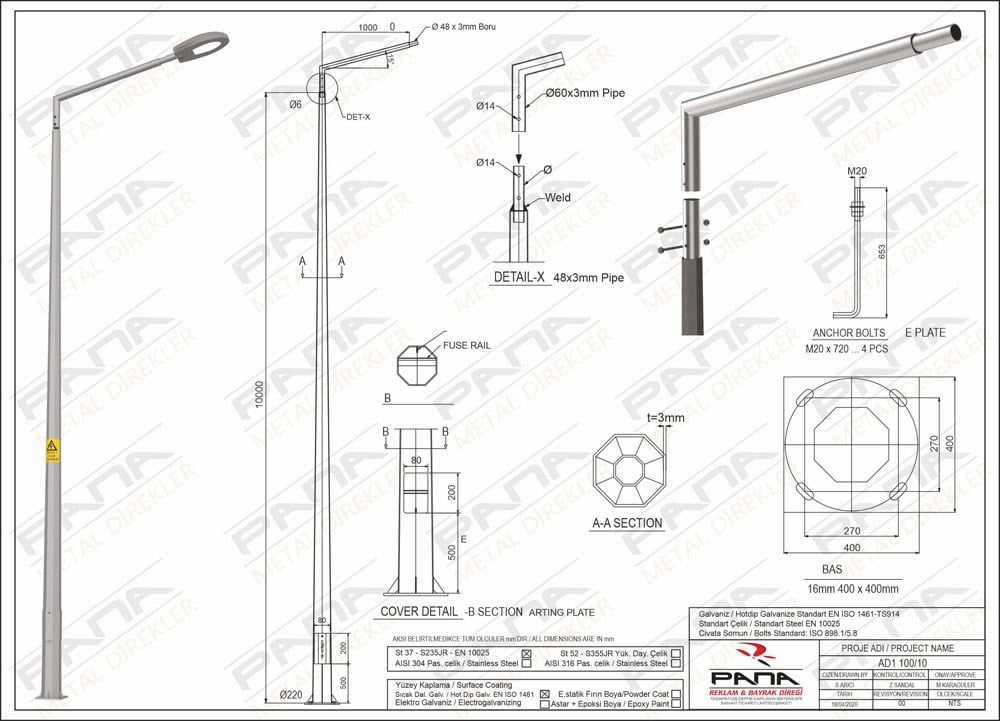 10 Metre Tek Konsol AD1 100 10 Konsol Boyu 1 Metre Yeni Tedaş Galvaniz Poligon Sokak Aydınlatma Direği