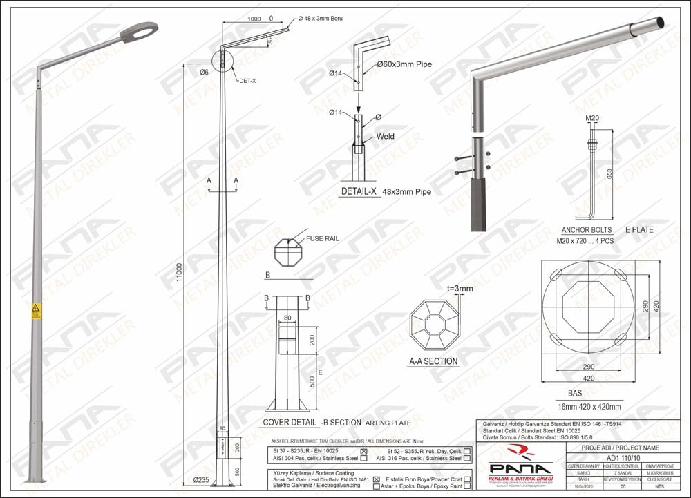 11 Metre Tek Konsol AD1 110 10 Konsol Boyu 1 Metre Yeni Tedaş Galvaniz Poligon Sokak Aydınlatma Direği