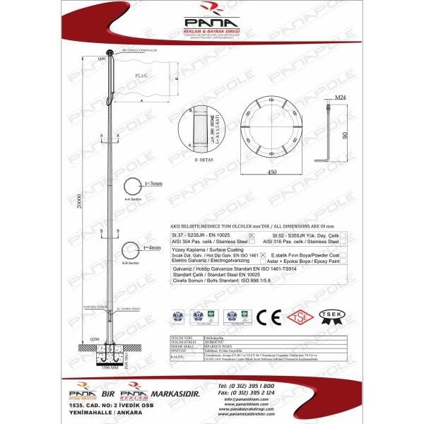 20 Metre Galvaniz Bayrak Direği