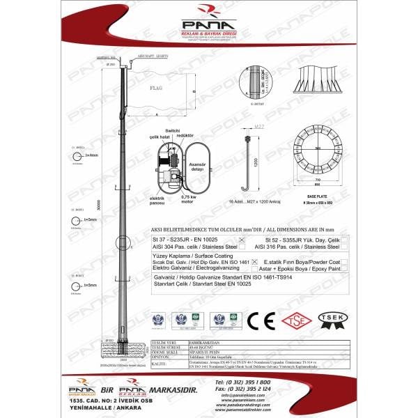 30 Metre Galvaniz Bayrak Direği