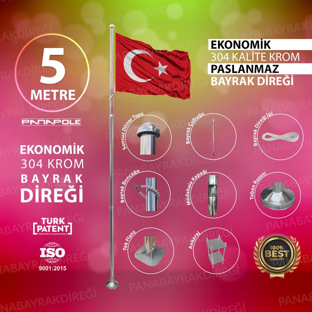5 Metre İnox 304 Kalite Paslanmaz Krom Çelik Ekonomik Bayrak Direği