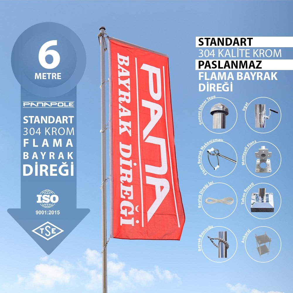 6 Metre Flama Bayrak Direği Paslanmaz Krom Standart Model