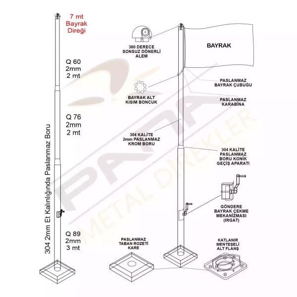 7 Metre İnox 304 Kalite Paslanmaz Krom Çelik Standart Bayrak Direği