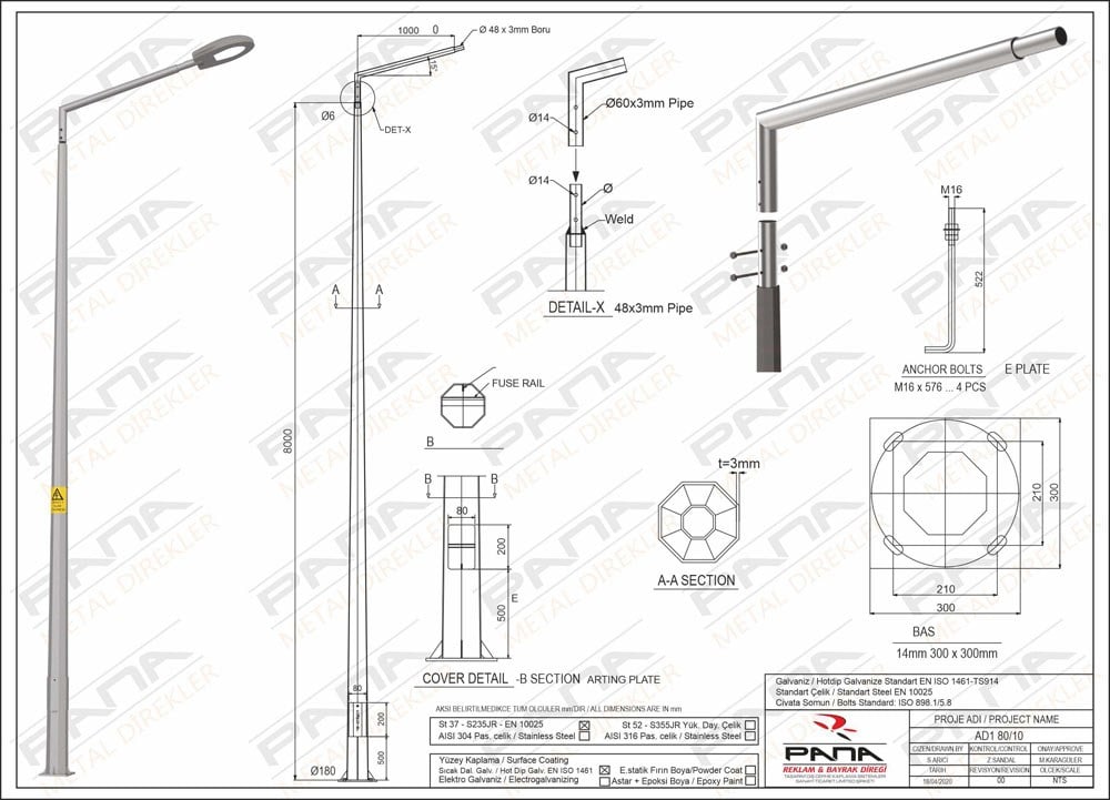 8 Metre Tek Konsol AD1 80 10 Konsol Boyu 1 Metre Yeni Tedaş Galvaniz Poligon Sokak Aydınlatma Direği