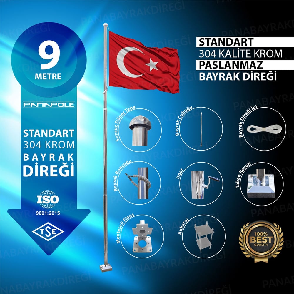 9 Metre İnox 304 Kalite Paslanmaz Krom Çelik Standart Bayrak Direği