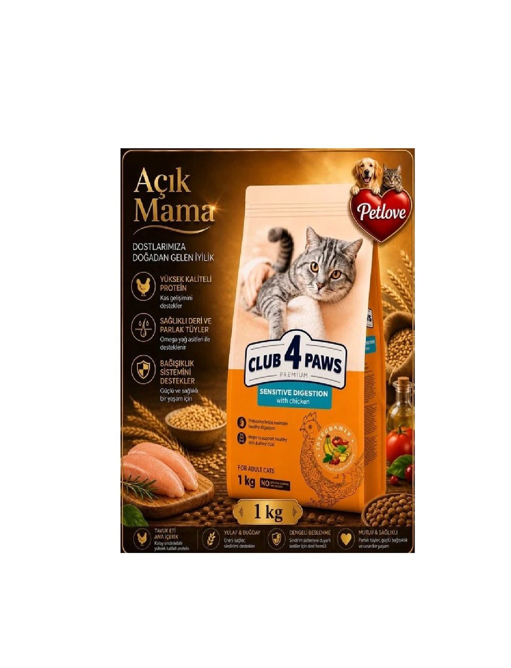 (AÇIK) CLUB 4 PAWS  SENSITIVE DIGESTION YETİŞKİN KEDİ KURU MAMASI 1 KG 