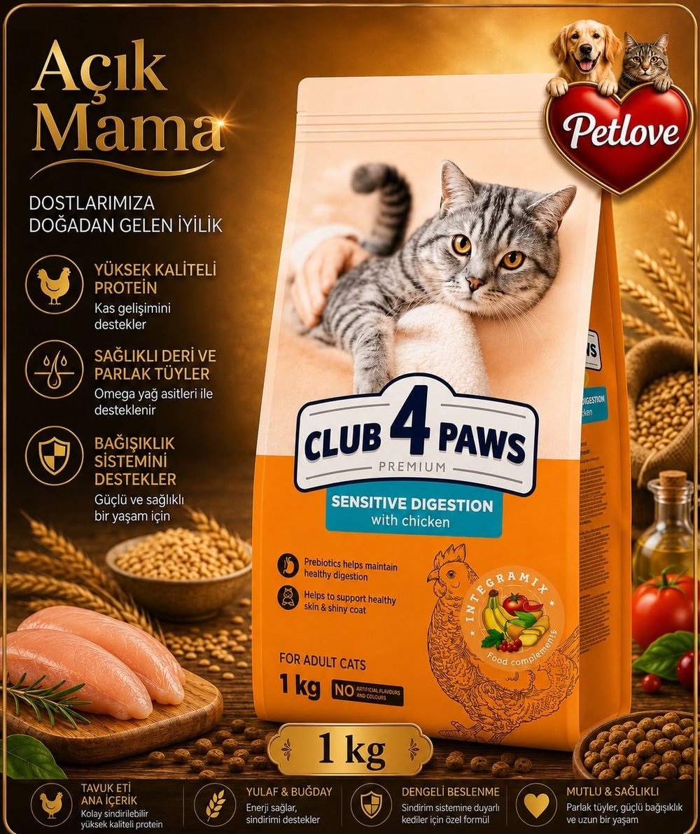 (AÇIK) CLUB 4 PAWS  SENSITIVE DIGESTION YETİŞKİN KEDİ KURU MAMASI 1 KG 