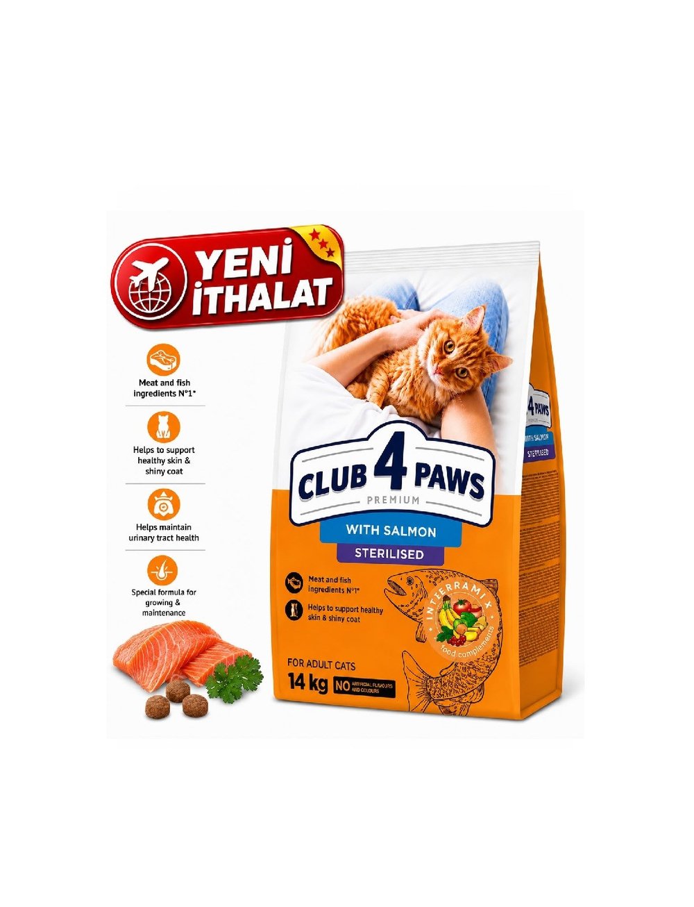 CLUB 4 PAWS KISIRLAŞTIRILMIŞ YETİŞKİN  KEDİ KURU MAMASI SOMONLU 14 KG