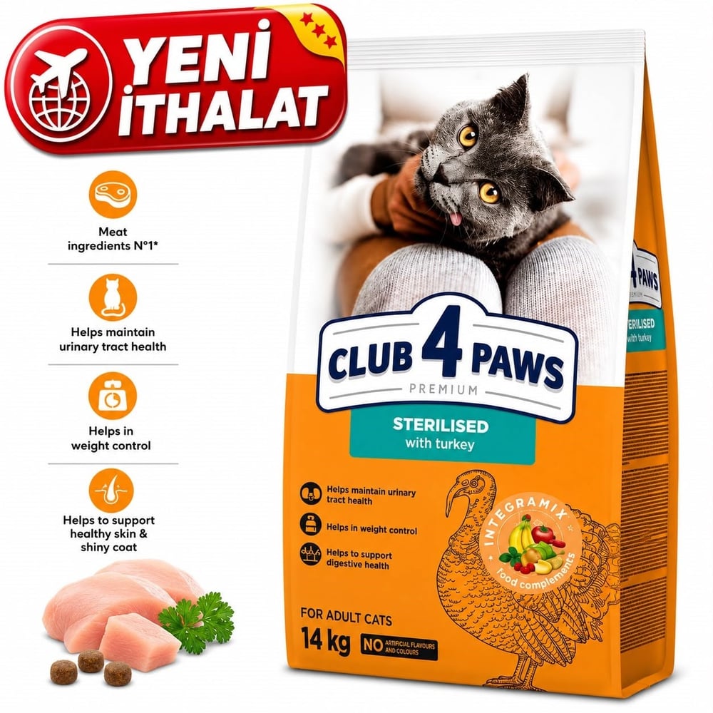 CLUB 4 PAWS PREMİUM HİNDİLİ KISIR YETİŞKİN  KEDİ KURU  MAMASI 14 KG