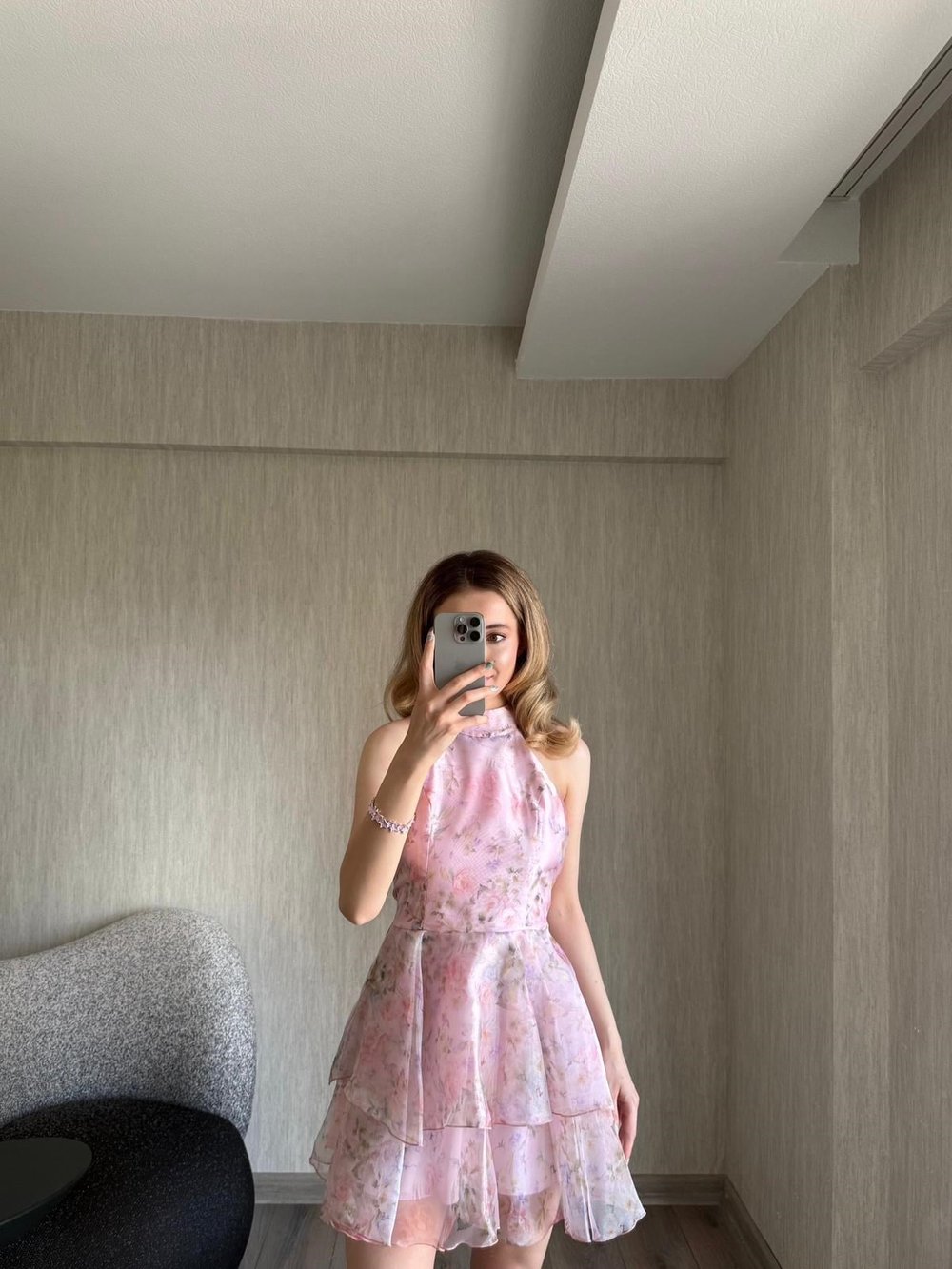 Çiçek Desenli Organze Mini Elbise Pembe