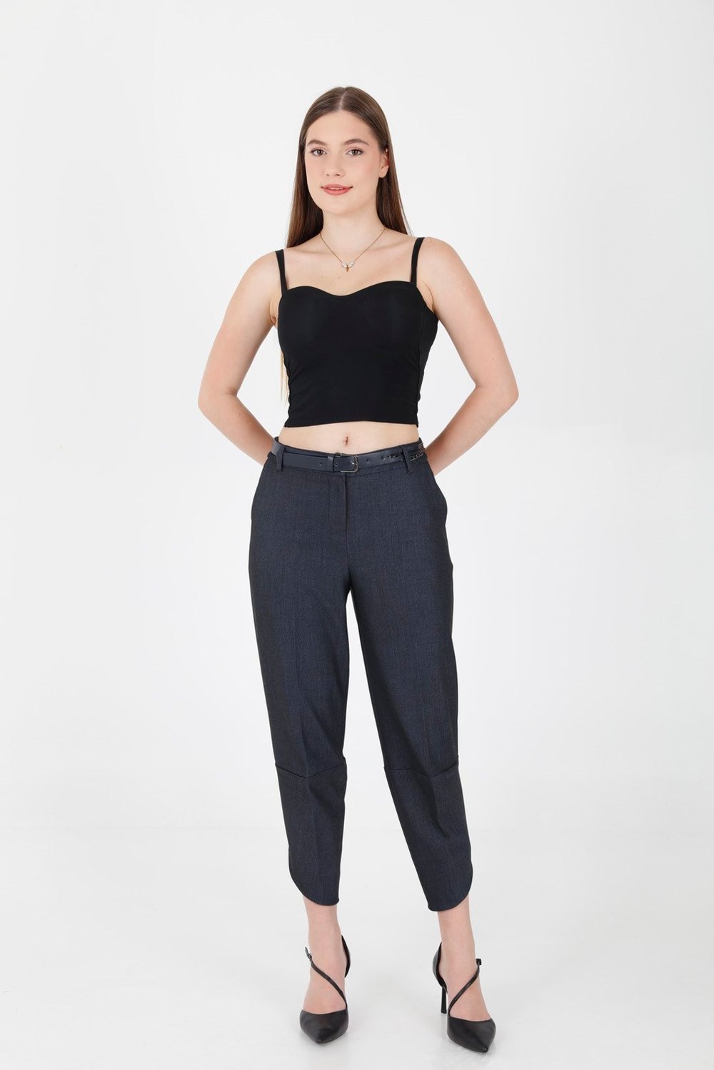 Aksesuarlı Paça Detaylı Denim Görünüm Kumaş Pantolon Lacivert