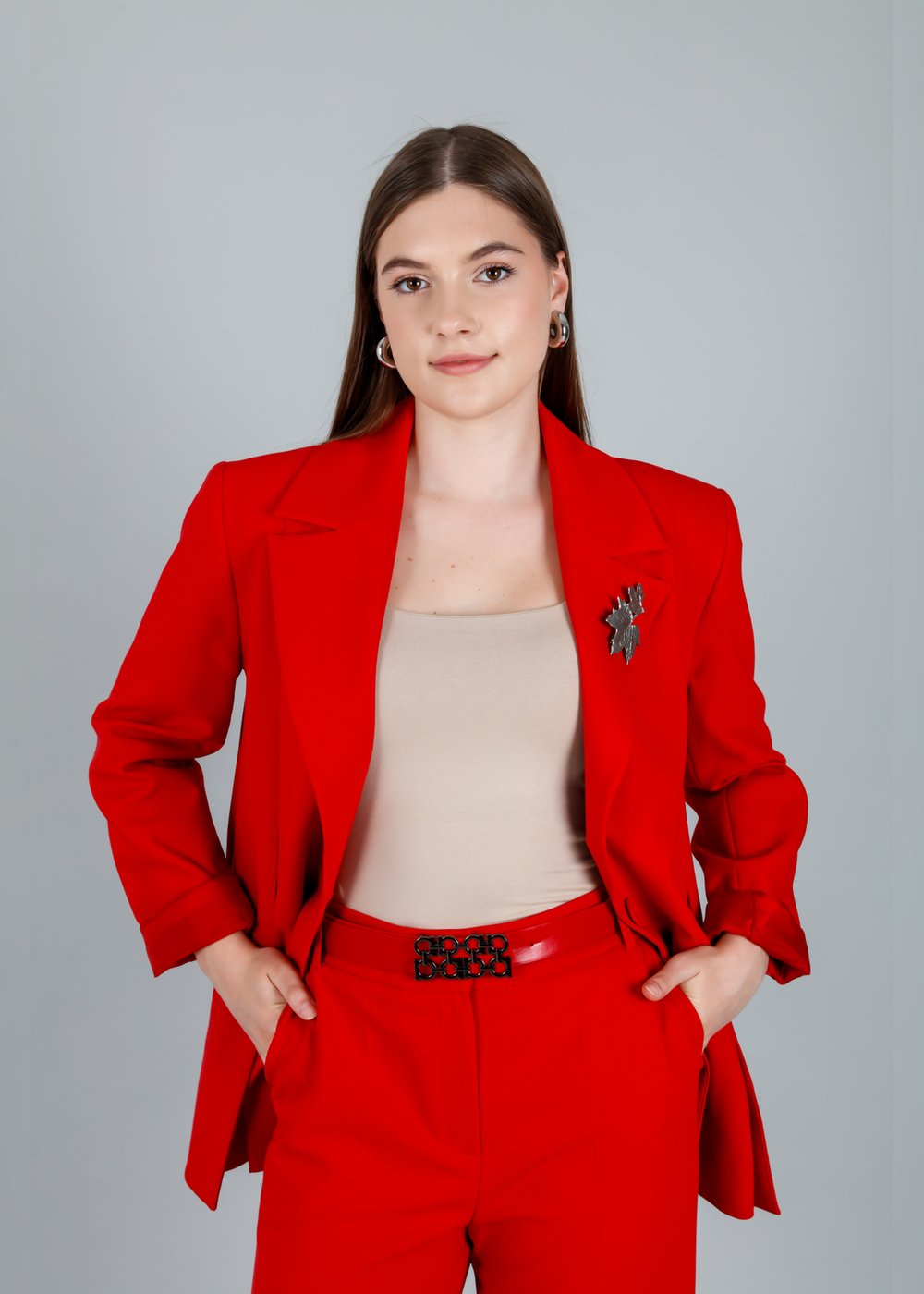 Astarlı Blazer Ceket ve Kemerli Bol Paça Pantolon Takım Kırmızı