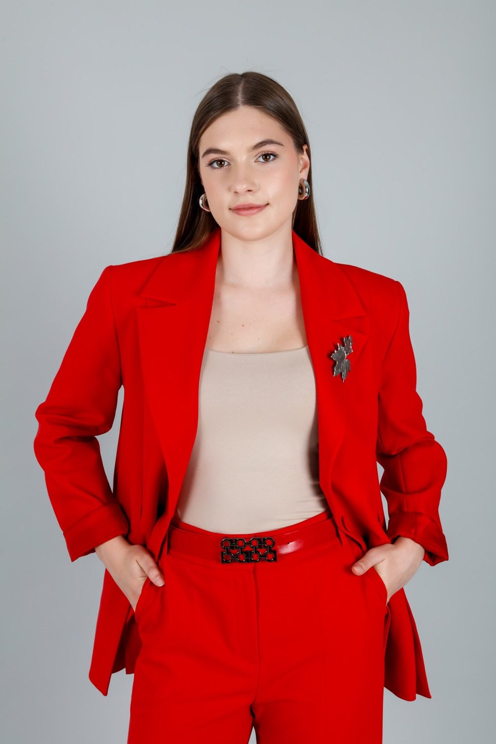 Astarlı Blazer Ceket ve Kemerli Bol Paça Pantolon Takım Kırmızı