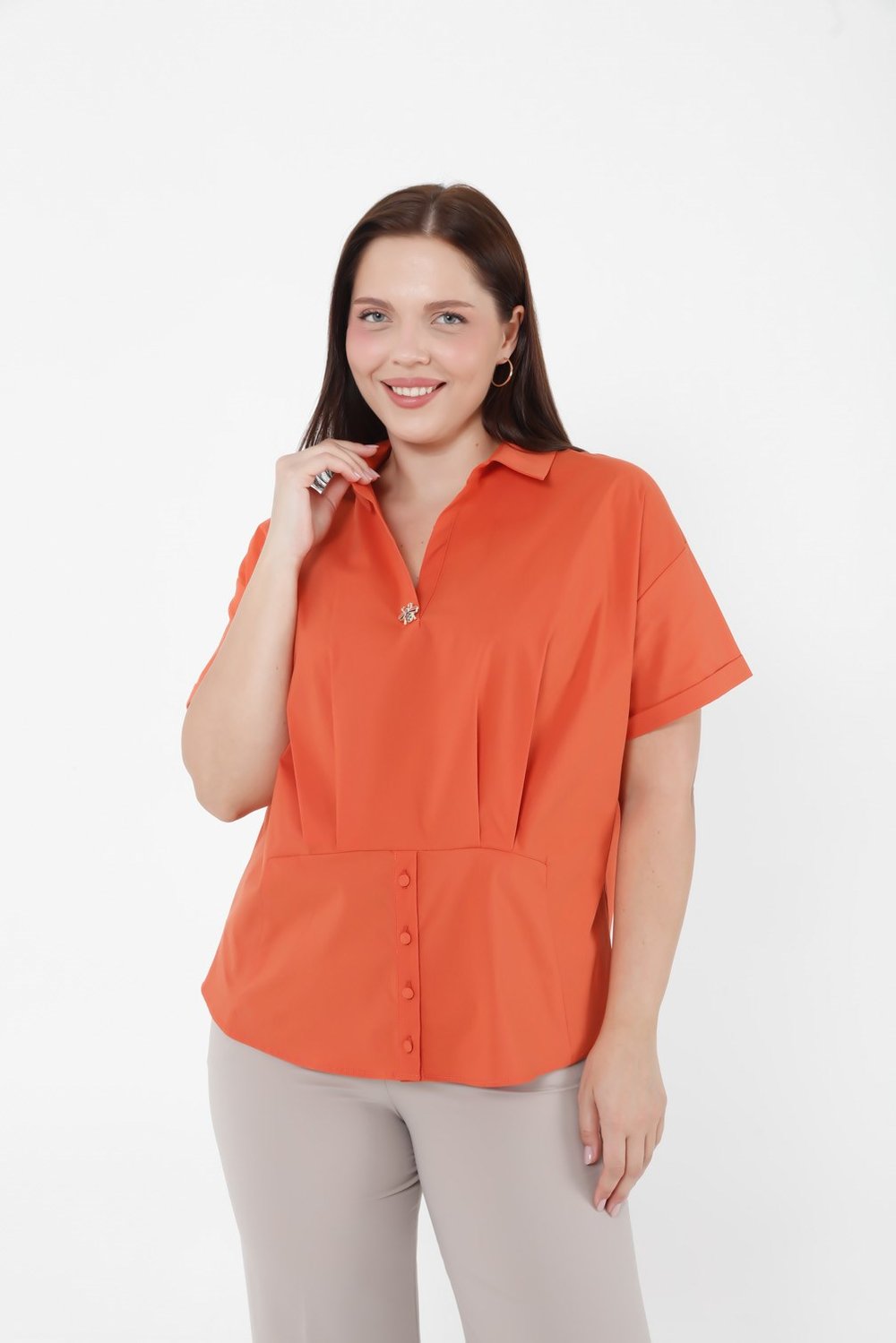 Düğme Detaylı Rahat Kalıp Gömlek Yaka Büyük Beden Bluz Turuncu