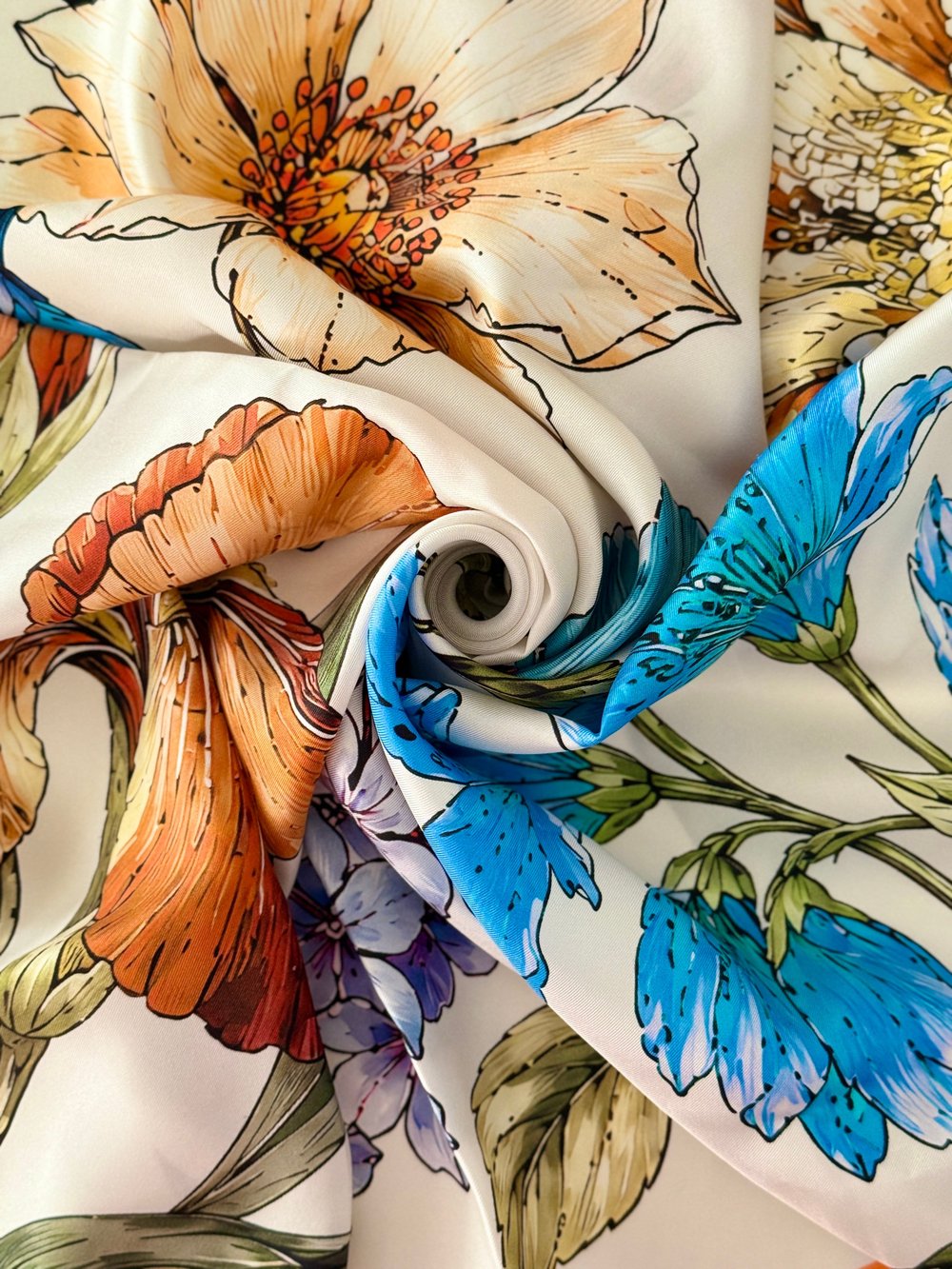 FIORENZA EKRU TURUNCU %100 TWILL İPEK EŞARP