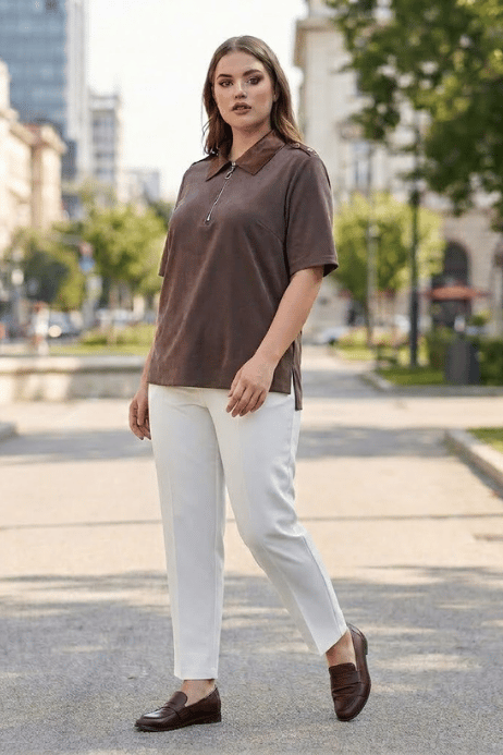 KAHVERENGİ SATEN YAKA FERMUARLI T-SHIRT