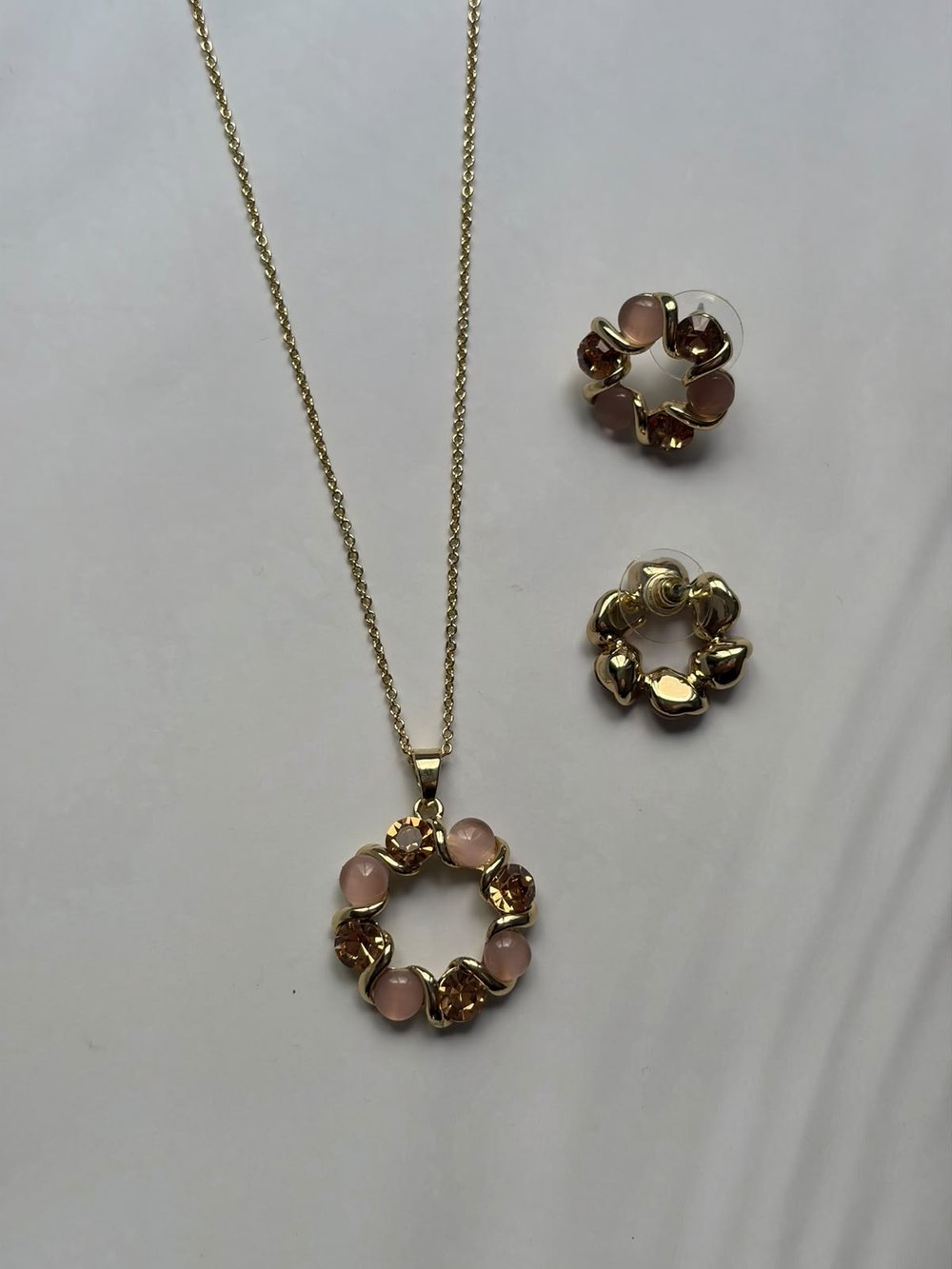 Pembe-Kehribar Daire Kolye Küpe Set