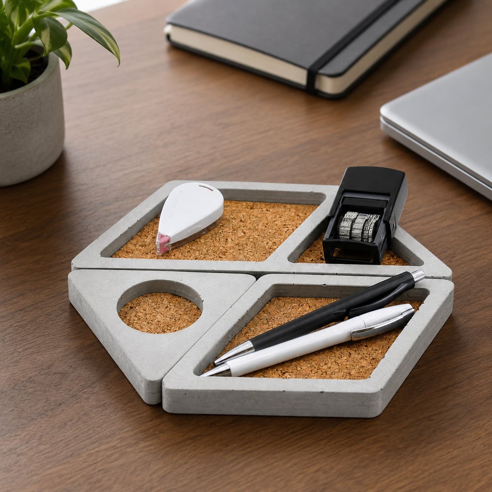 Beton Çalışma Masası Düzenleyici 3'lü Set | Mantar Detaylı Ofis Organizer