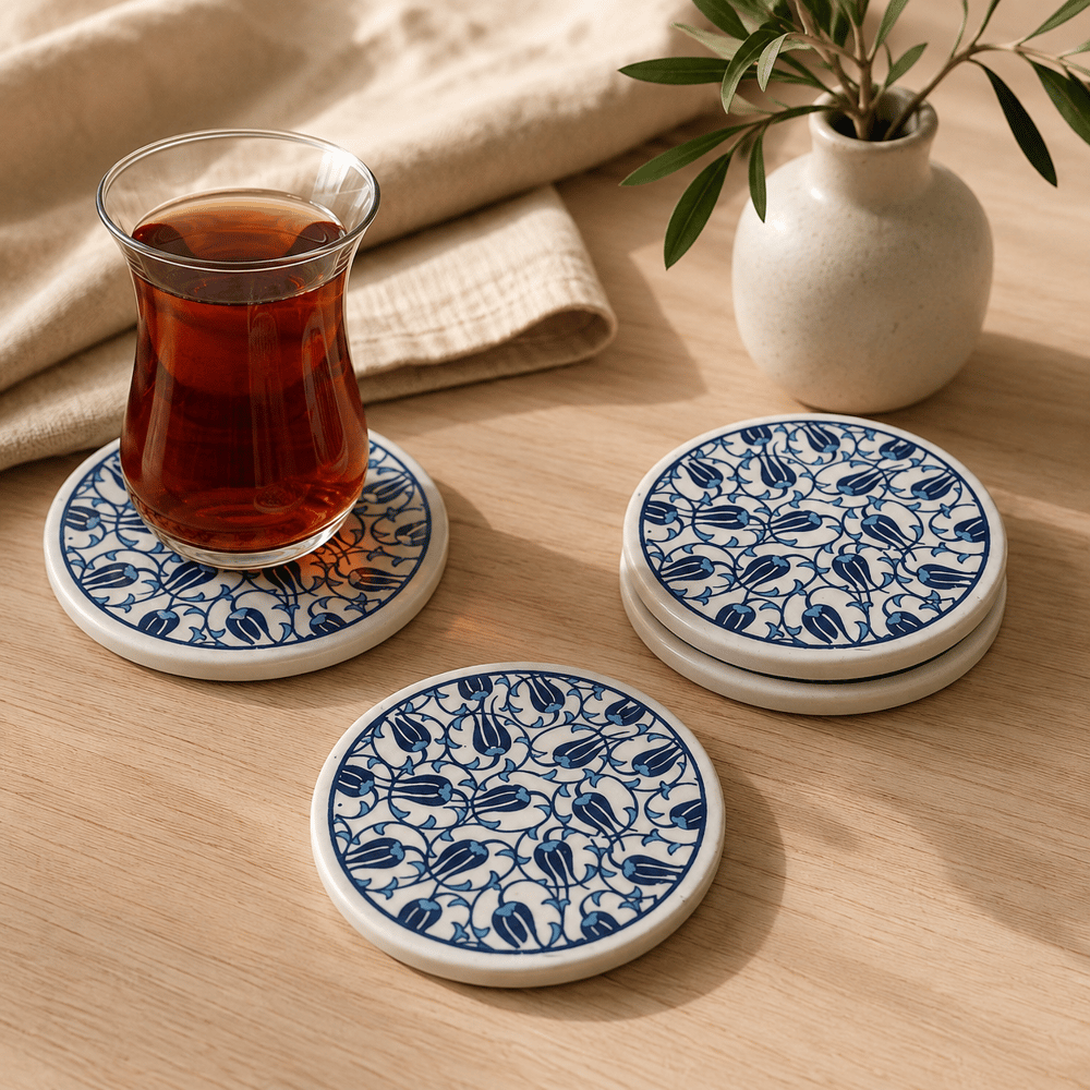 Mavi Desenli Seramik Bardak Altlığı 4'lü Set