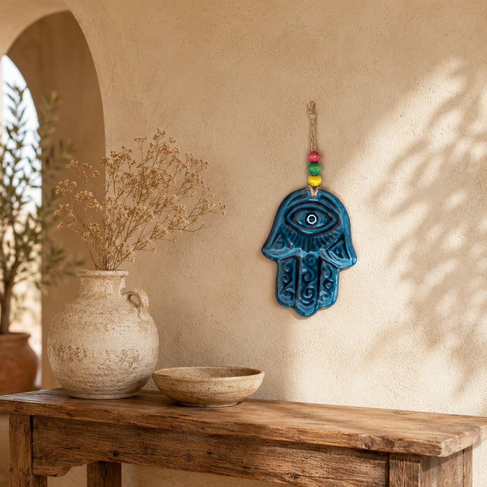 Turkuaz Seramik Gözlü El (Hamsa) Duvar Süsü
