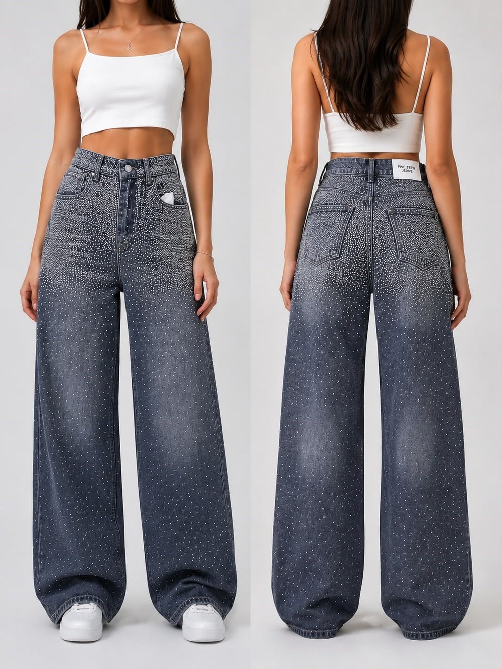 füme wide leg taşlı jean