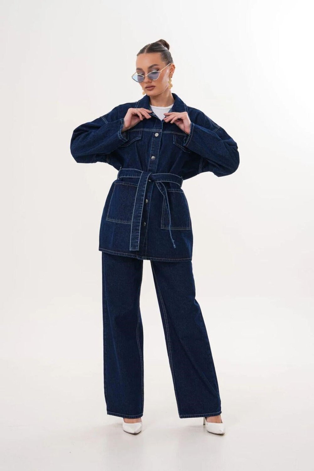 Lacivert Belden Bağlamalı Denim Takım                                                                                                                                                    