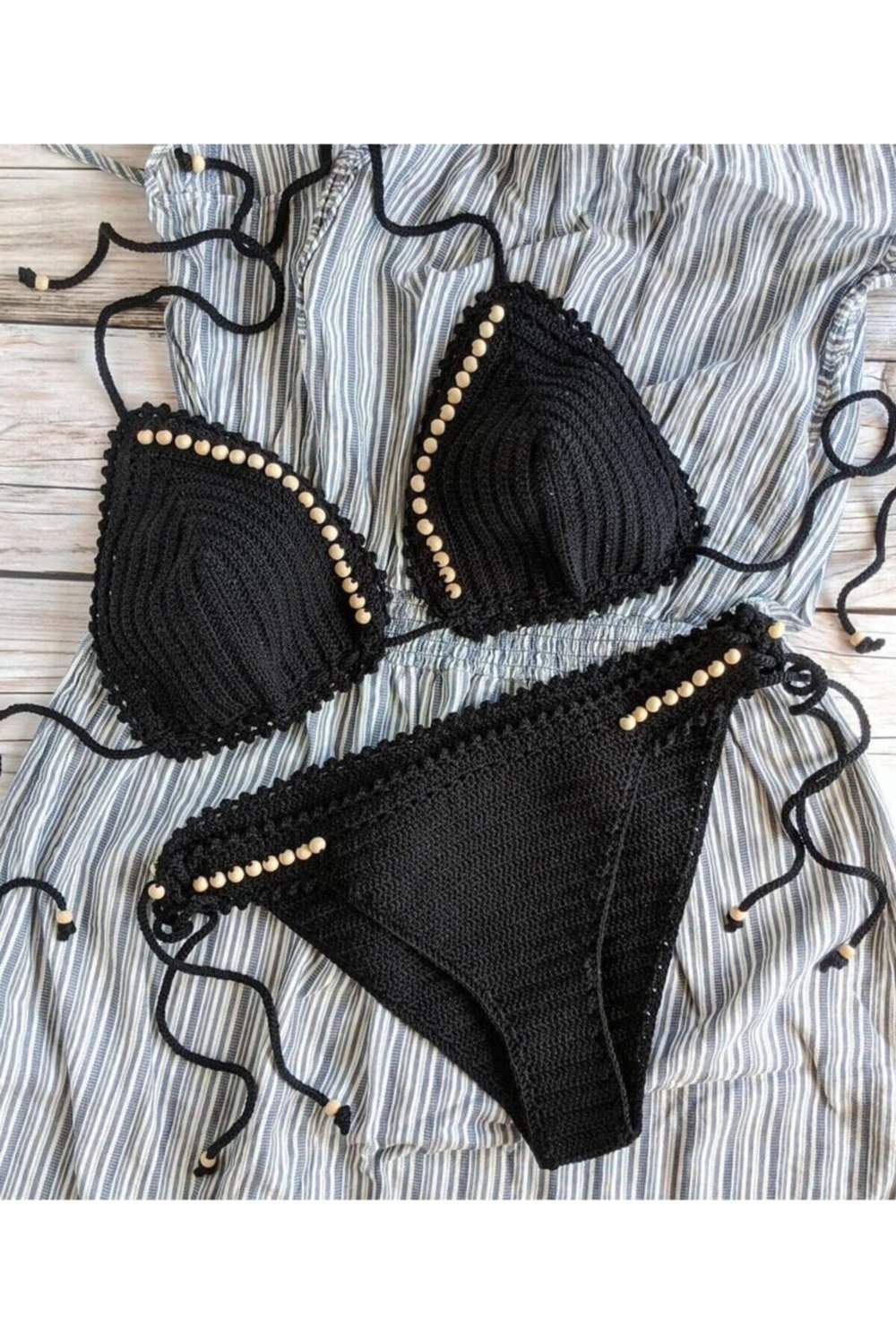 Major Tığ Örgü Boncuklu Üçgen Bikini Takım