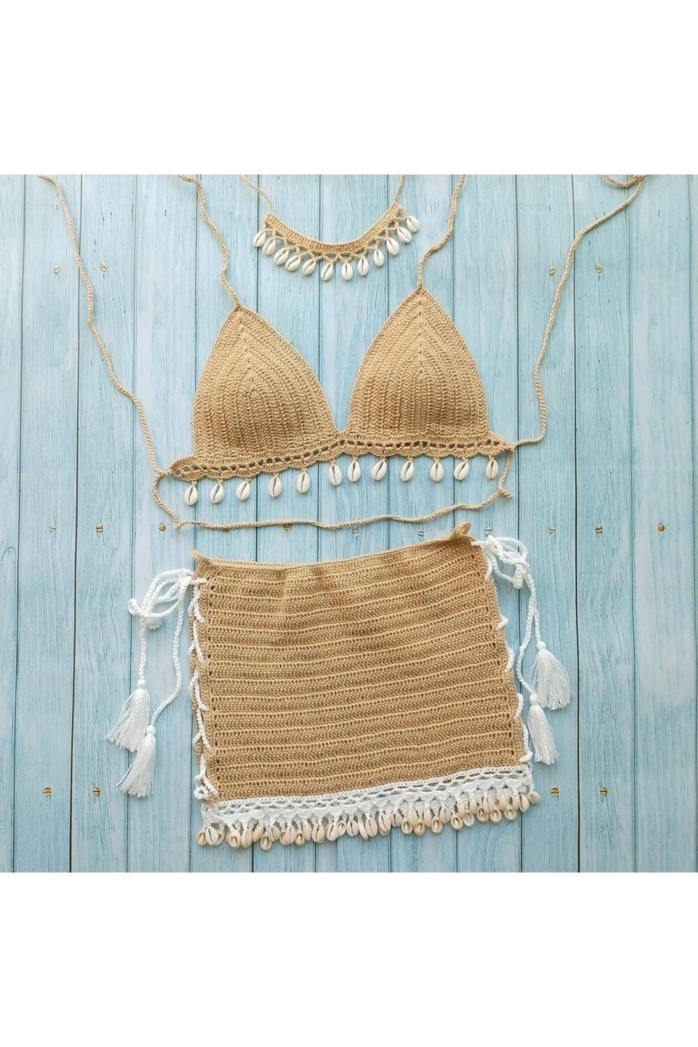 Tığ Örme Deniz Kabuklu Pareo Etekli Bikini Takım