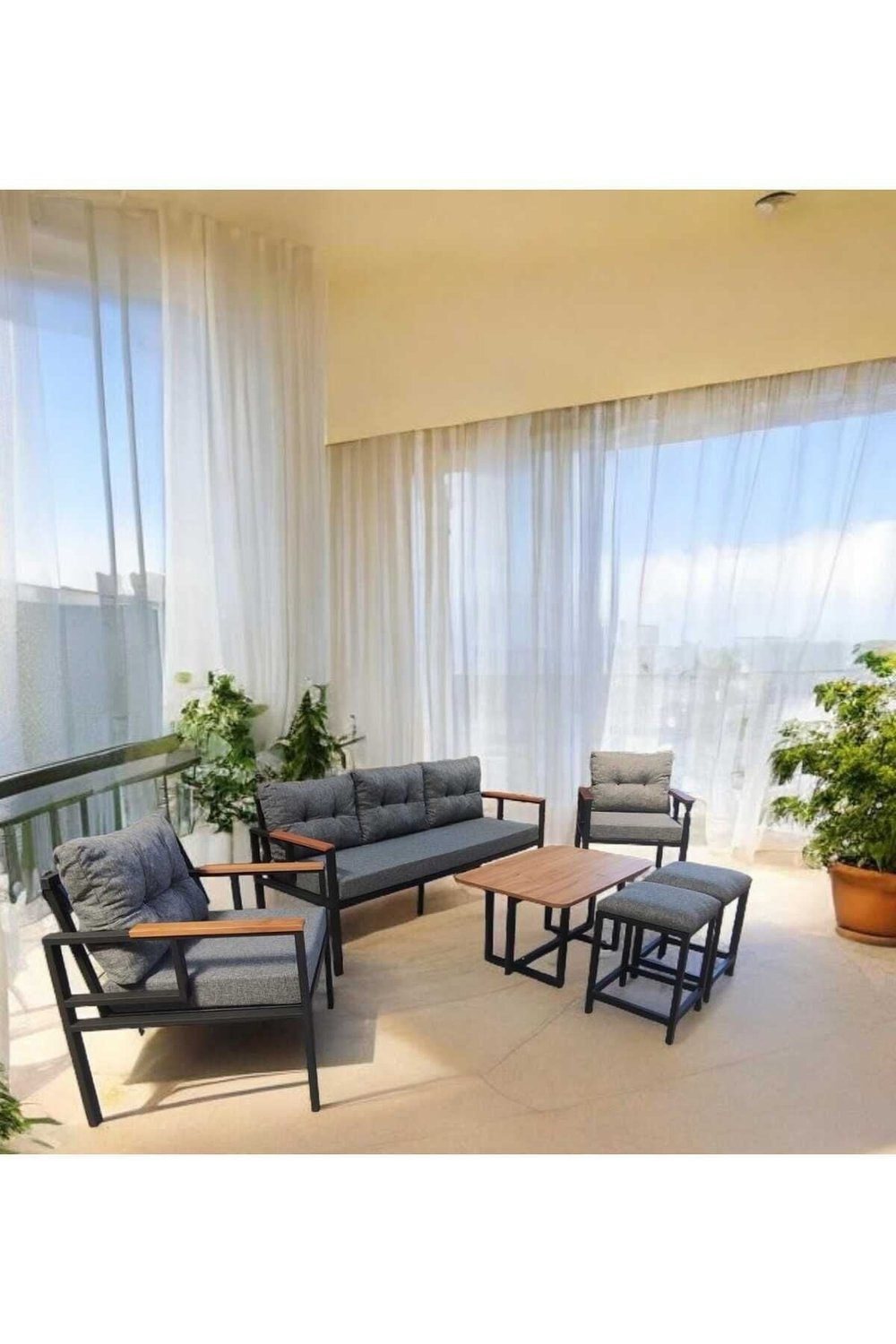 Pi Elize Bahçe Ve Balkon Mobilyası Gri 3 1 1, Sehpa Ve 2 Puflu