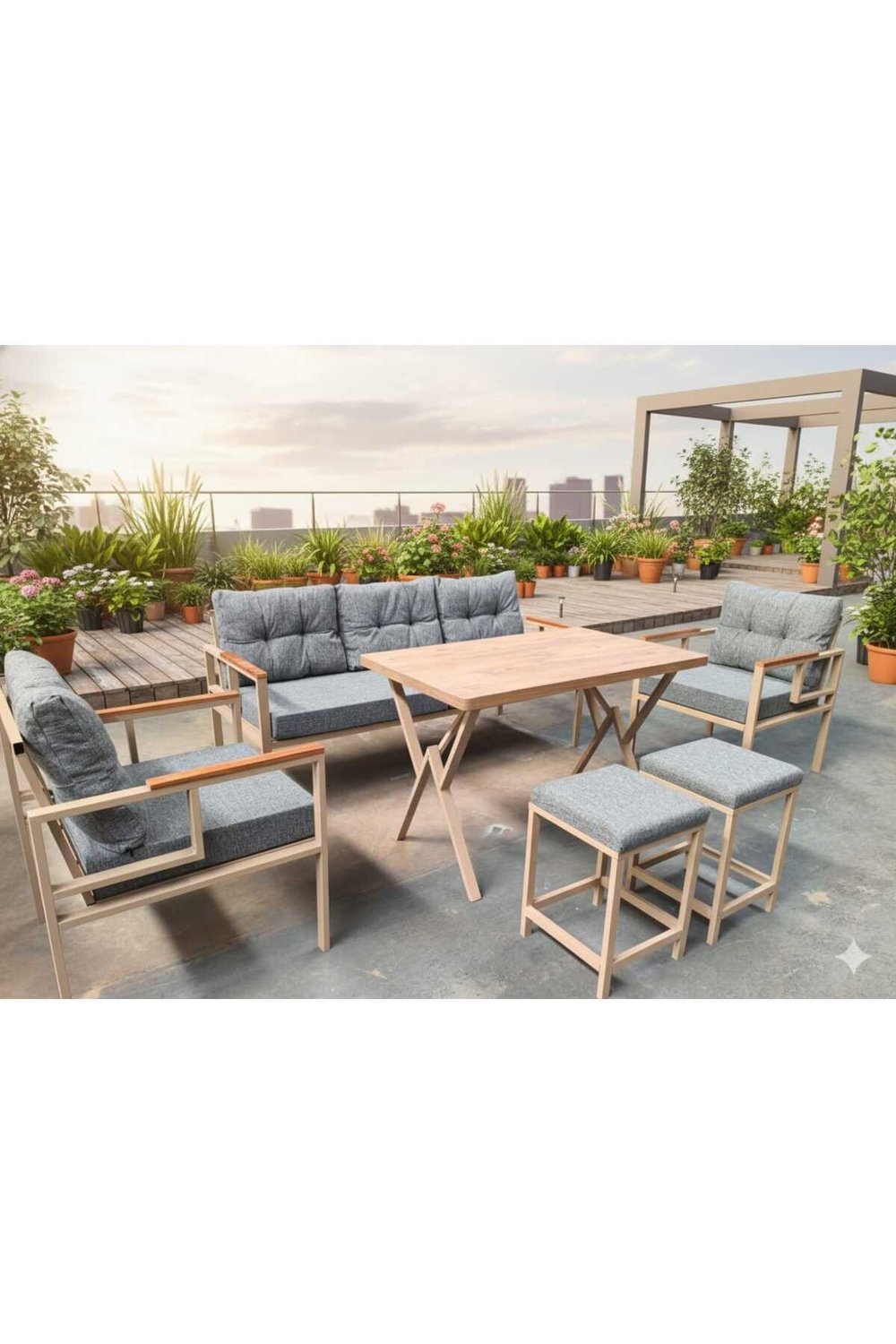 Pi Elize Metal Mutfak Balkon Bahçe Mobilyası 3+1+1+70x110 Kalınlaştırmalı Masa+2 Adet Puf Yeşil Bej