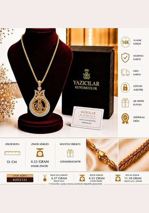 14 Ayar Altın Osmanlı Tuğralı El İşçiliği Görünümlü Lale Model Zirkon Taşlı Kolye