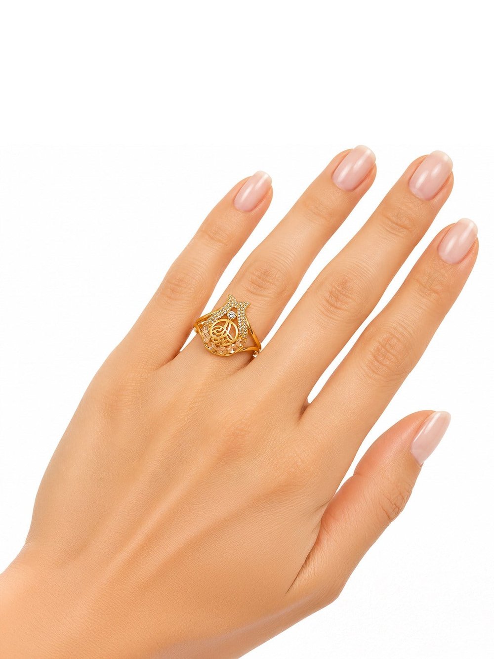 14 Ayar Osmanlı Tuğrası Zirkon Taşlı Lale Motifli Altın Kadın Yüzük