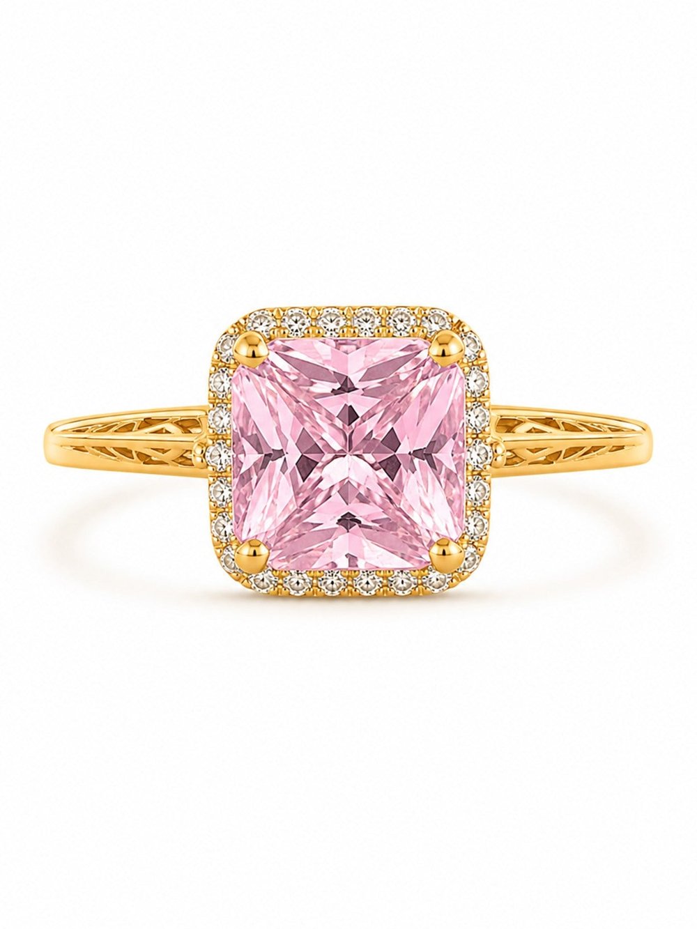 14 Ayar Pembe Kristal Taşlı Çerçeveli Altın Kadın Yüzük