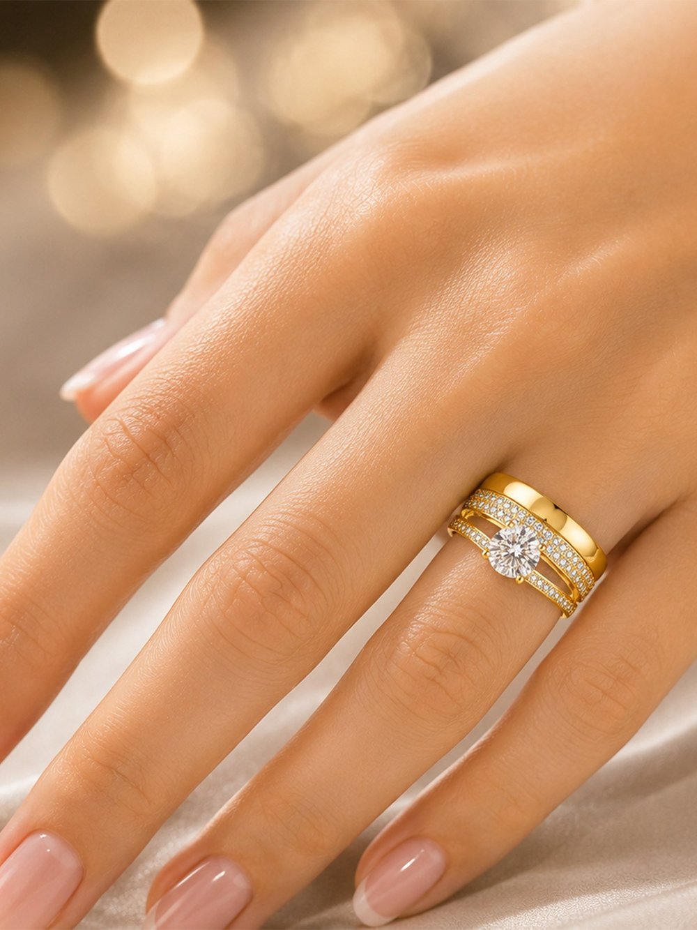 14 Ayar Üç Kat Işıltı Büyük Tektaş Altın Kadın Yüzük