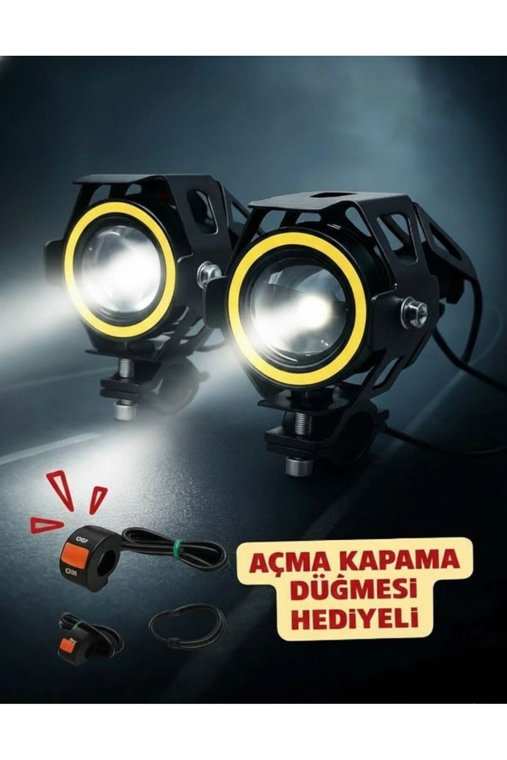 MOTOSİKLET SİS FARI LED MERCEKLİ UZUN KISA ÇAKARLI SİYAH 2 ADET + AÇMA KAPAMA DÜĞMESİ SET