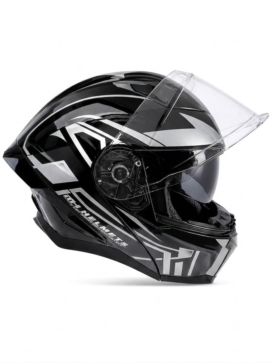PARLAK SİYAH - BEYAZ MOTOSİKLET KASKI ÇENE AÇILIR [GÜNEŞ VİZÖRLÜ] MH HELMET 