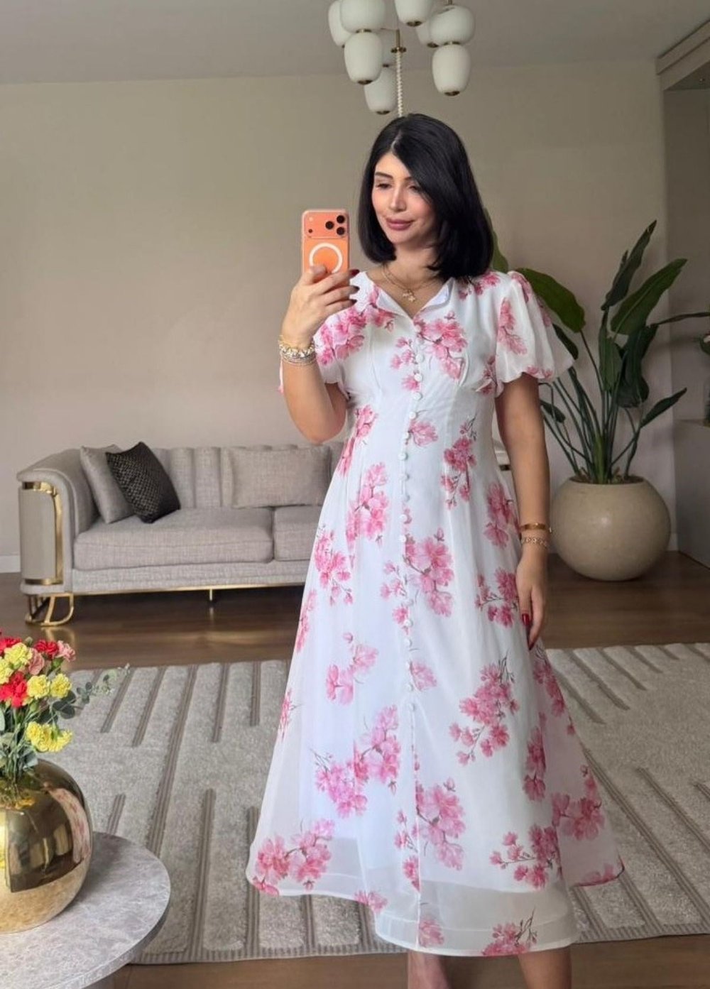 ÇİÇEKLİ ŞİFON ELBİSE -  Pembe Beyaz