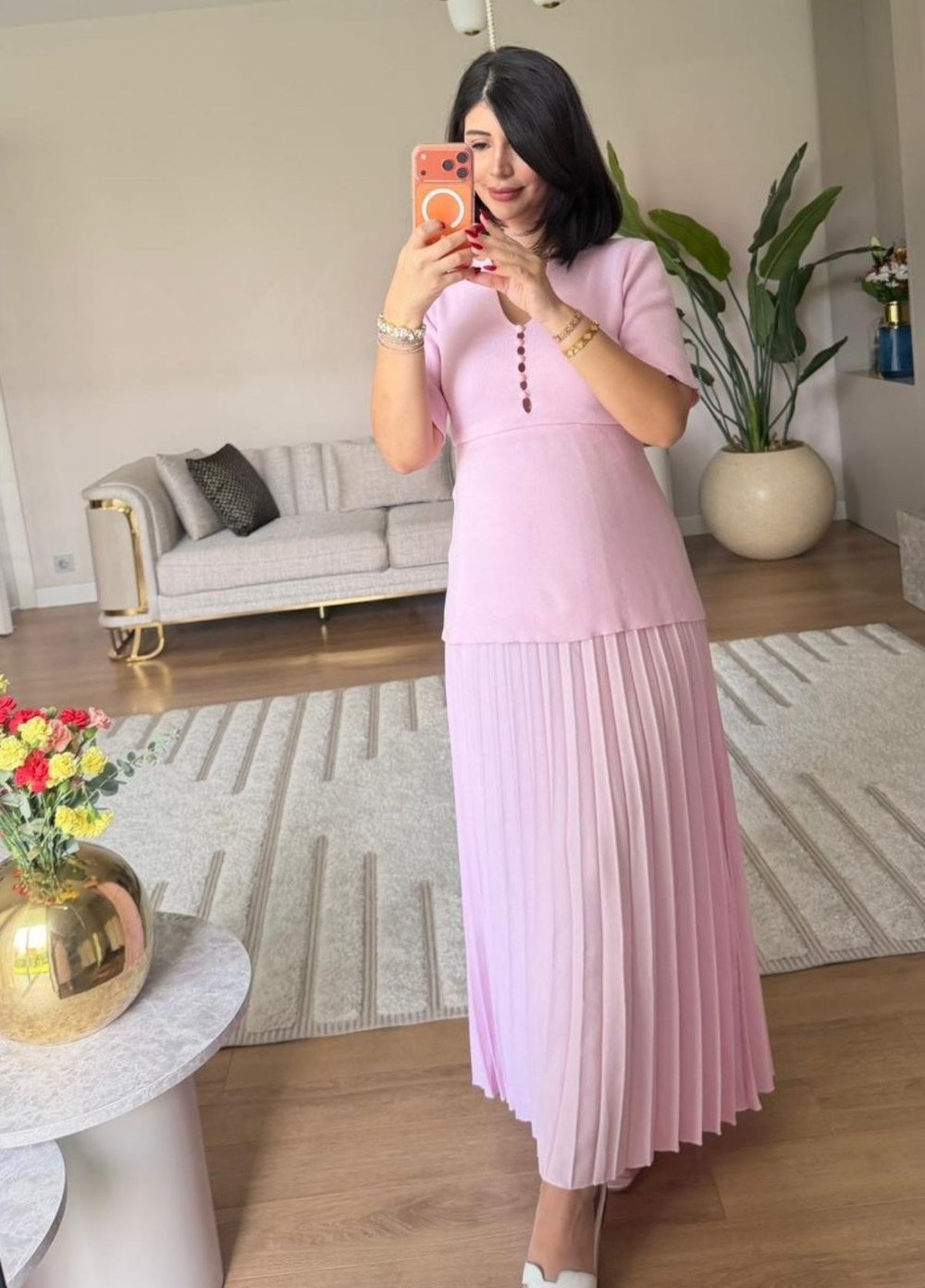 YARIM KOLLU PİLELİ ELBİSE- PEMBE 