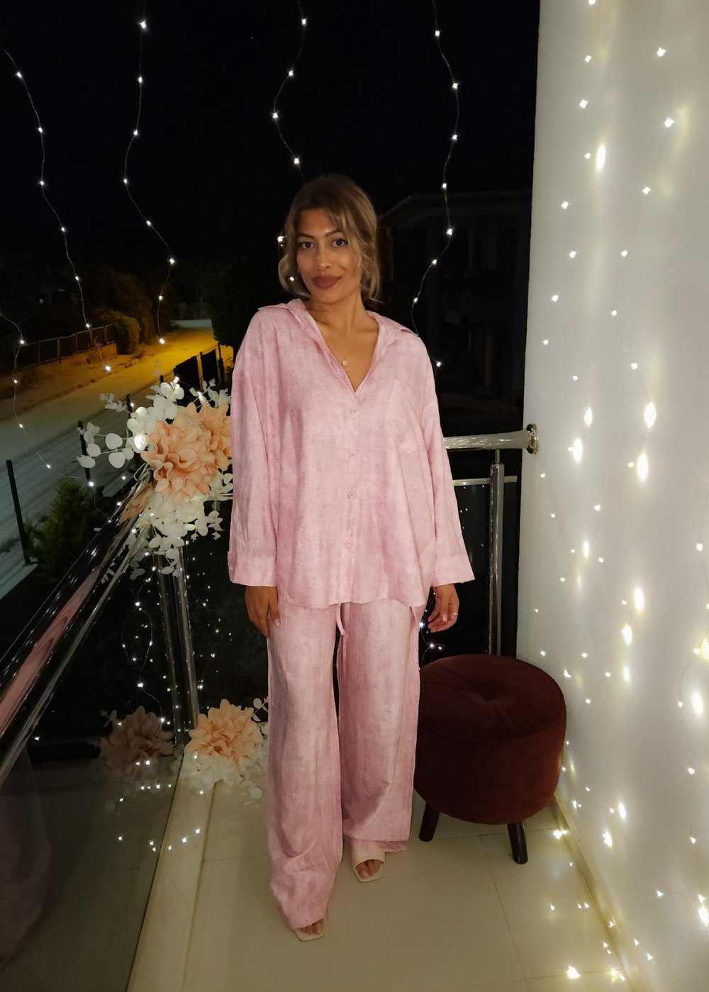 Dokuma Gömlek Pantolon Takım - Pembe