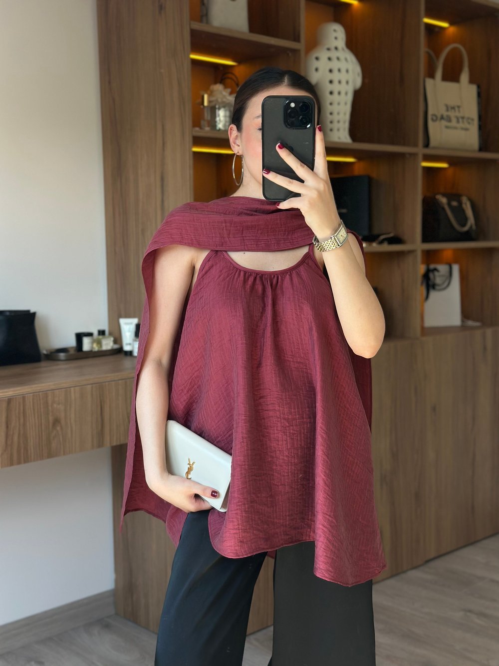 Lora Şal Detaylı Bluz - Bordo
