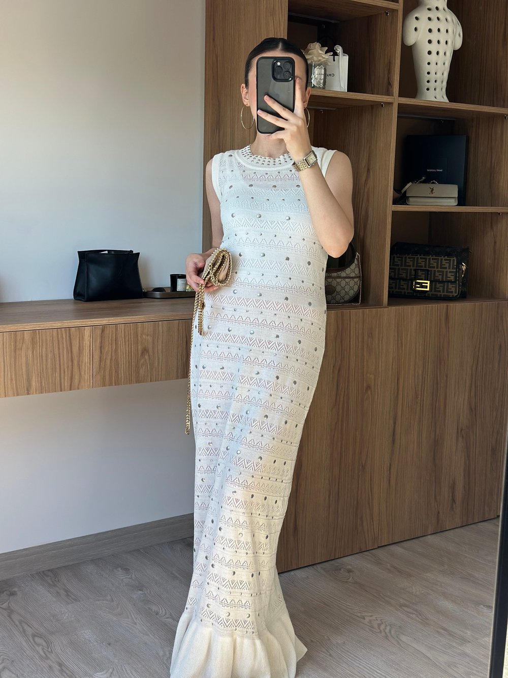 Luna Taş Detaylı Maxi Elbise - Ekru